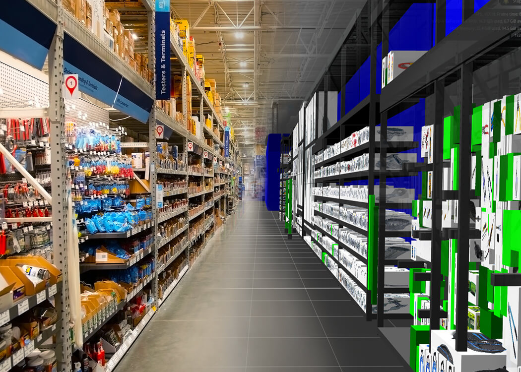 Store aisle in Lowe's Home Improvement in a split view of real life and the store Digital Twin digital representation.