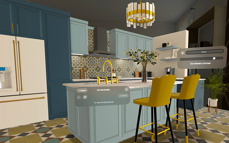 Lowe's Style Studio, in-app image of Maximalist Kitchen found in the Lowes Innovation Labs app created exclusively for Apple Vision Pro. 