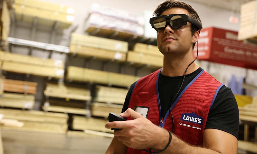 Lowes Home Improvement store associate wearing MagicLeap2 AR headset. 